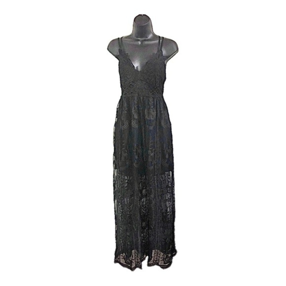 Black goth crochet lace smock bodice‎ v-neck sheer maxi elvira dress size Small - Picture 1 of 16